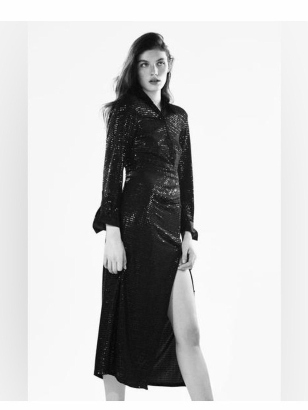 Zara Black Long Sleeve Sequin Wrap-Style Dress